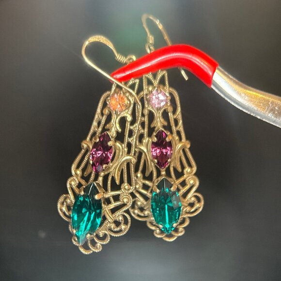 Brass Colored 925 Stamp 3 Stones Earrings - Picture 2 of 6